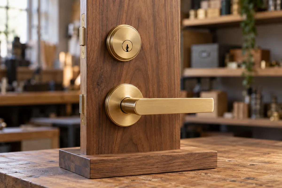 A clean unbranded satin-brass lever handle and deadbolt displayed on a simple wood sample panel, workshop shelving blurred behind, no door number or access information — AI-generated fictional concept