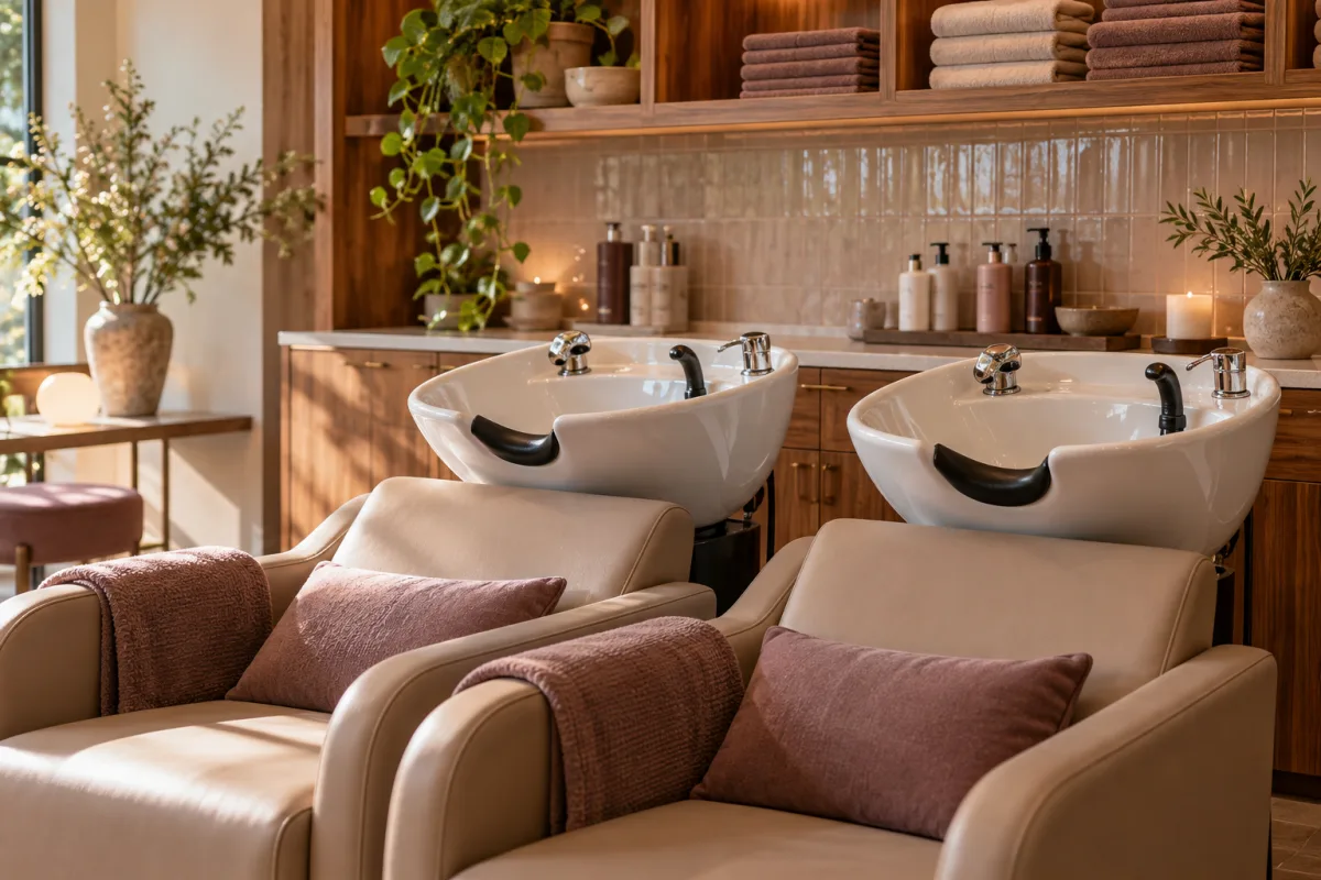 An inviting hair washing station with two empty cream ceramic shampoo basins, warm wood cabinetry, folded neutral towels and soft reflected daylight. Calm refined neighborhood salon with muted mauve accents — AI-generated fictional concept