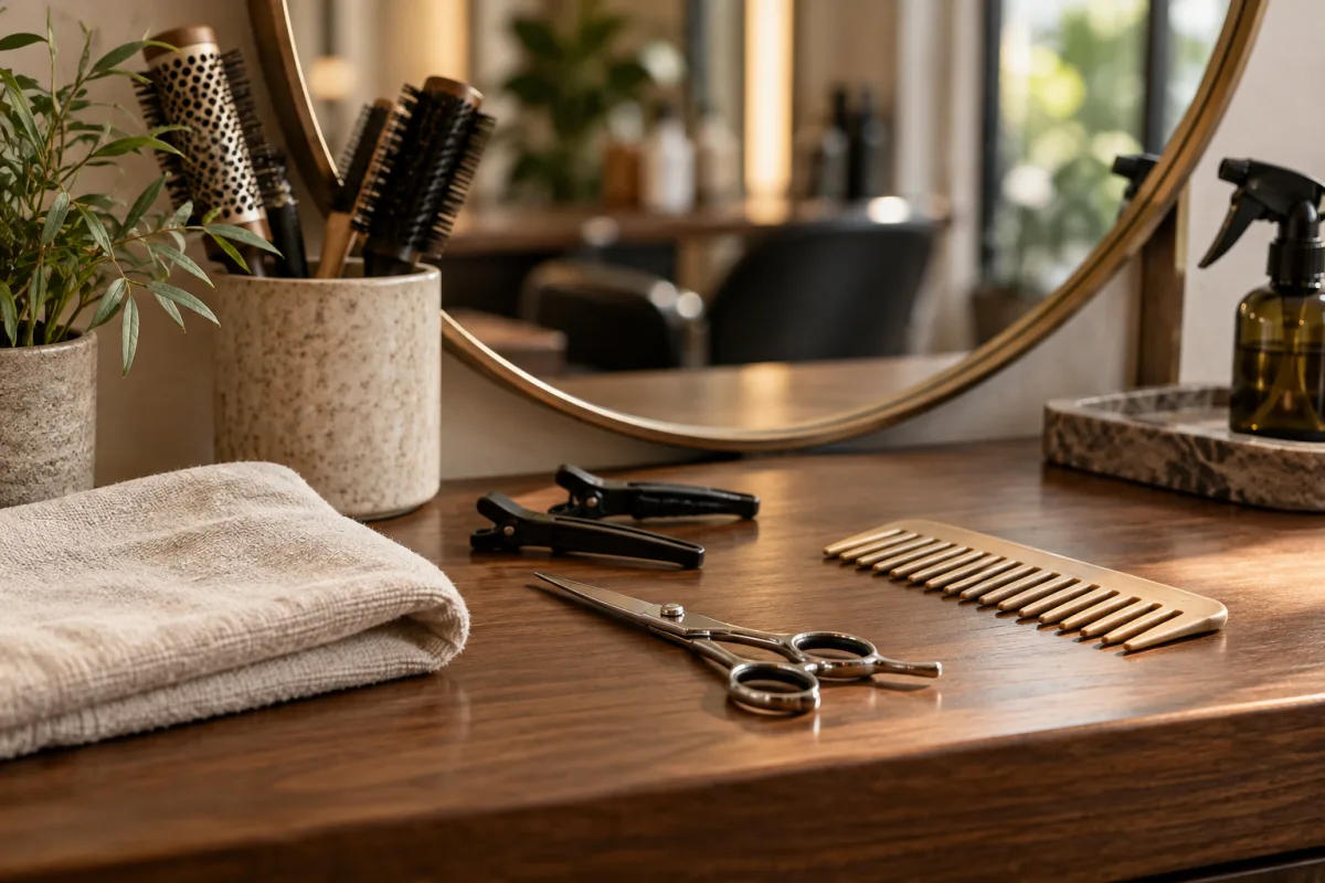 A close editorial still life of clean salon scissors, sectioning clips, an unbranded wide-tooth comb and a folded linen towel on a walnut station under a large softly reflected mirror — AI-generated fictional concept