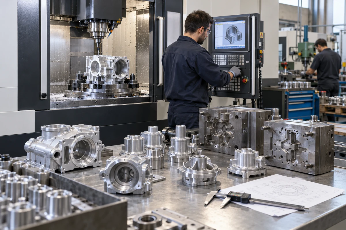 Kurgusal bir metal işleme atölyesinde CNC tezgahı, döküm kalıpları ve işlenmiş alüminyum parçalar — yapay zekayla üretilmiş kurgusal konsept