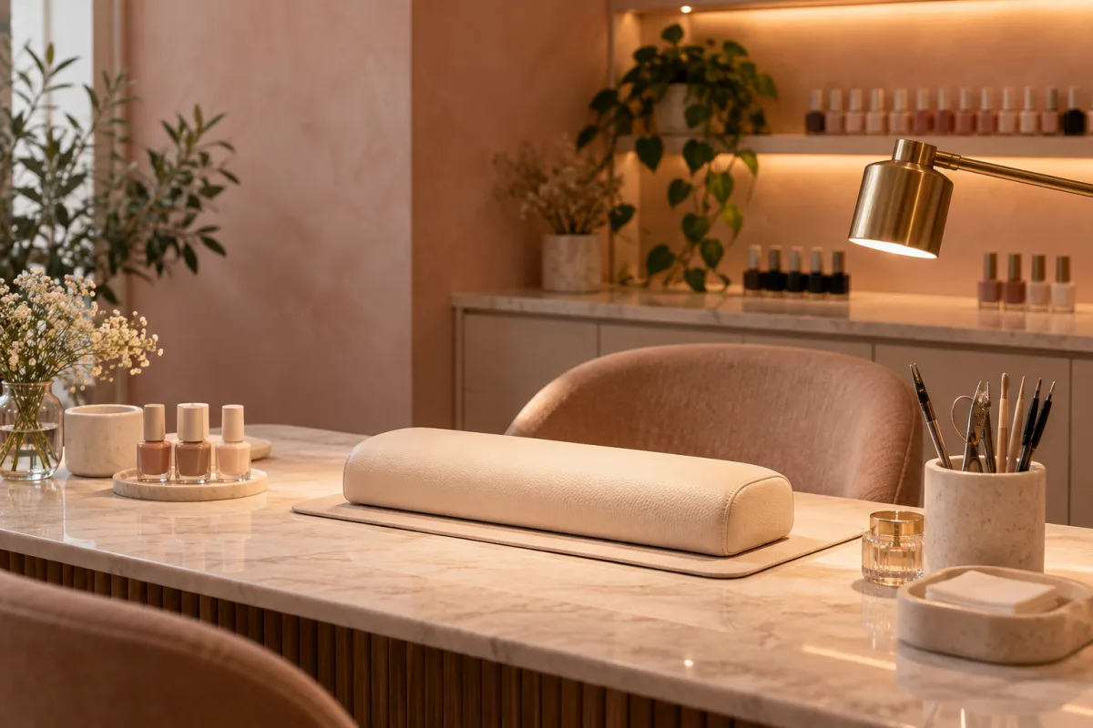 An elegant empty manicure station in a small beauty studio, clean hand-rest cushion, a few unbranded neutral nail-color bottles, polished tools and softly lit rosy plaster — AI-generated fictional concept