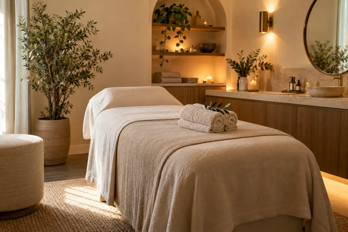 An empty beauty facial treatment room with a simple upholstered bed, neatly rolled towels, muted botanical accents and warm indirect light, nonmedical studio, no person or outcomes — AI-generated fictional concept