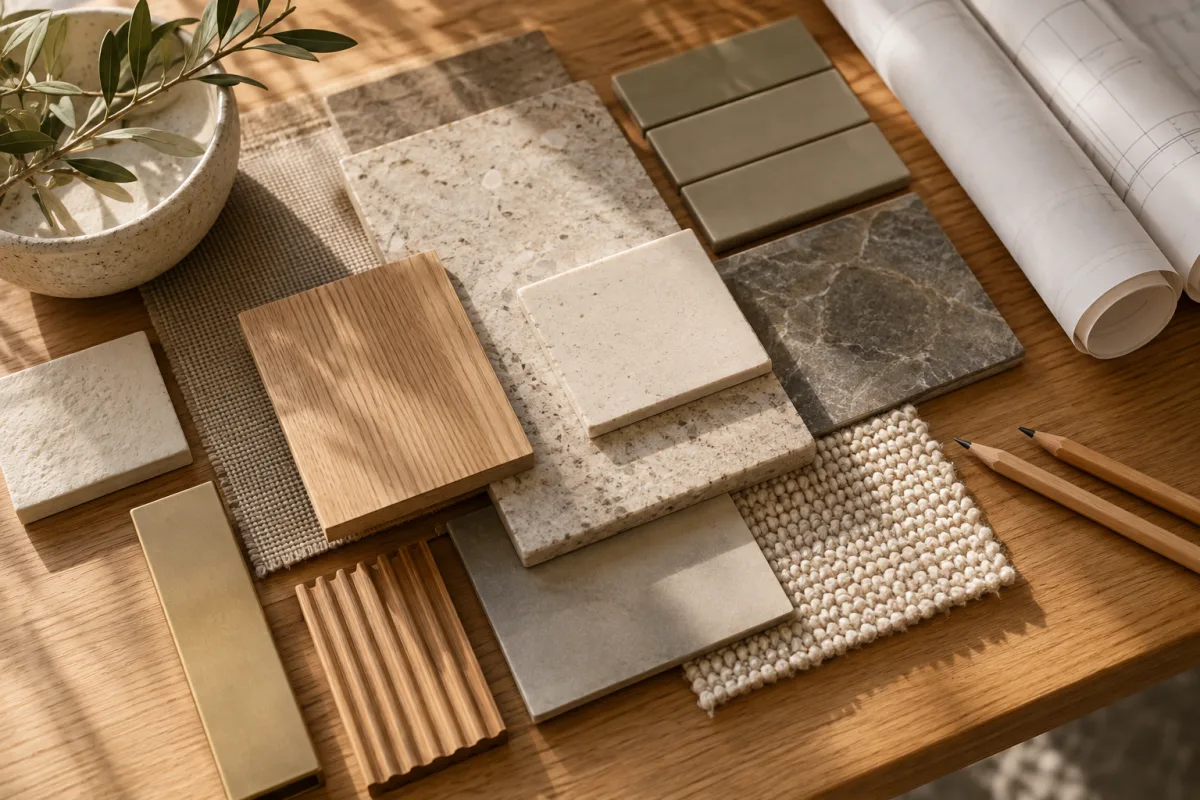 An overhead architectural material board with small natural oak, stone, ceramic tile and woven textile samples, unlabelled pencils and rolled blank drawings, warm editorial lighting — AI-generated fictional concept