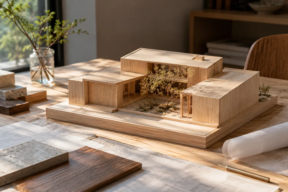 A carefully crafted small timber architectural massing model of a courtyard house on a studio table, clean geometry, plant study and tracing paper with no readable marks, no people — AI-generated fictional concept