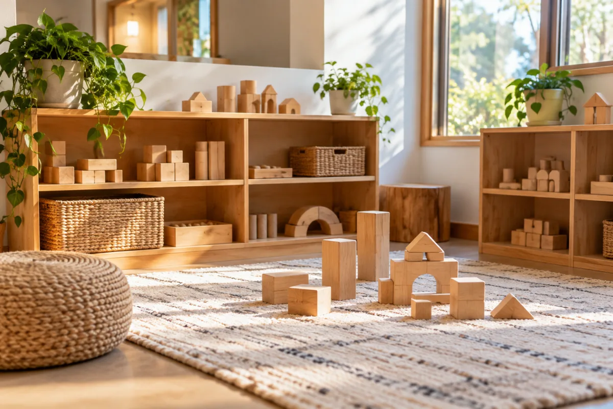 An empty early-learning block-play corner with low wooden shelves, simple wooden blocks, a soft rug and gentle daylight, no children, no names or identifiable artwork — AI-generated fictional concept