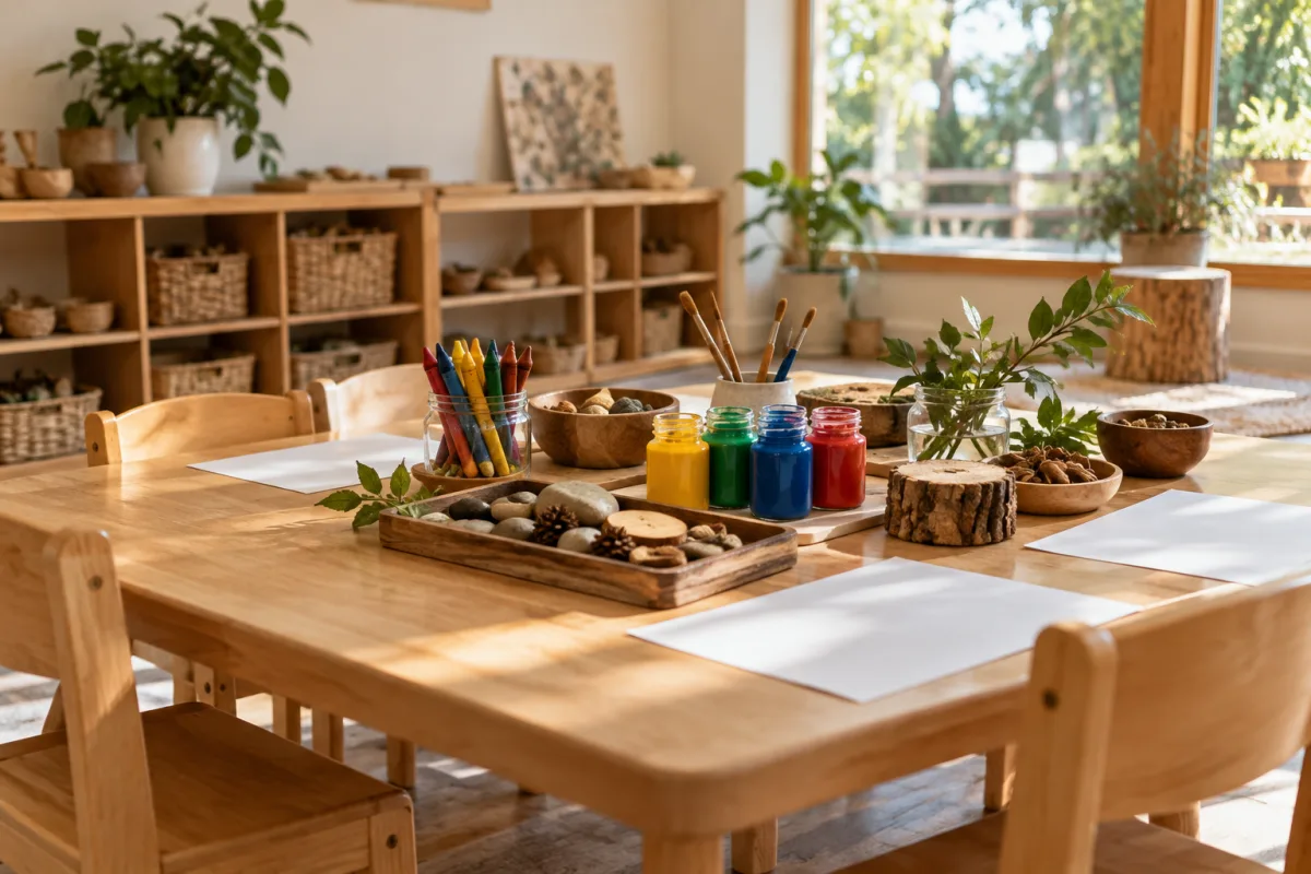 A low classroom art table with washable paint pots, thick unbranded crayons, blank paper and tactile natural materials, organized inviting setting, no children or writing — AI-generated fictional concept