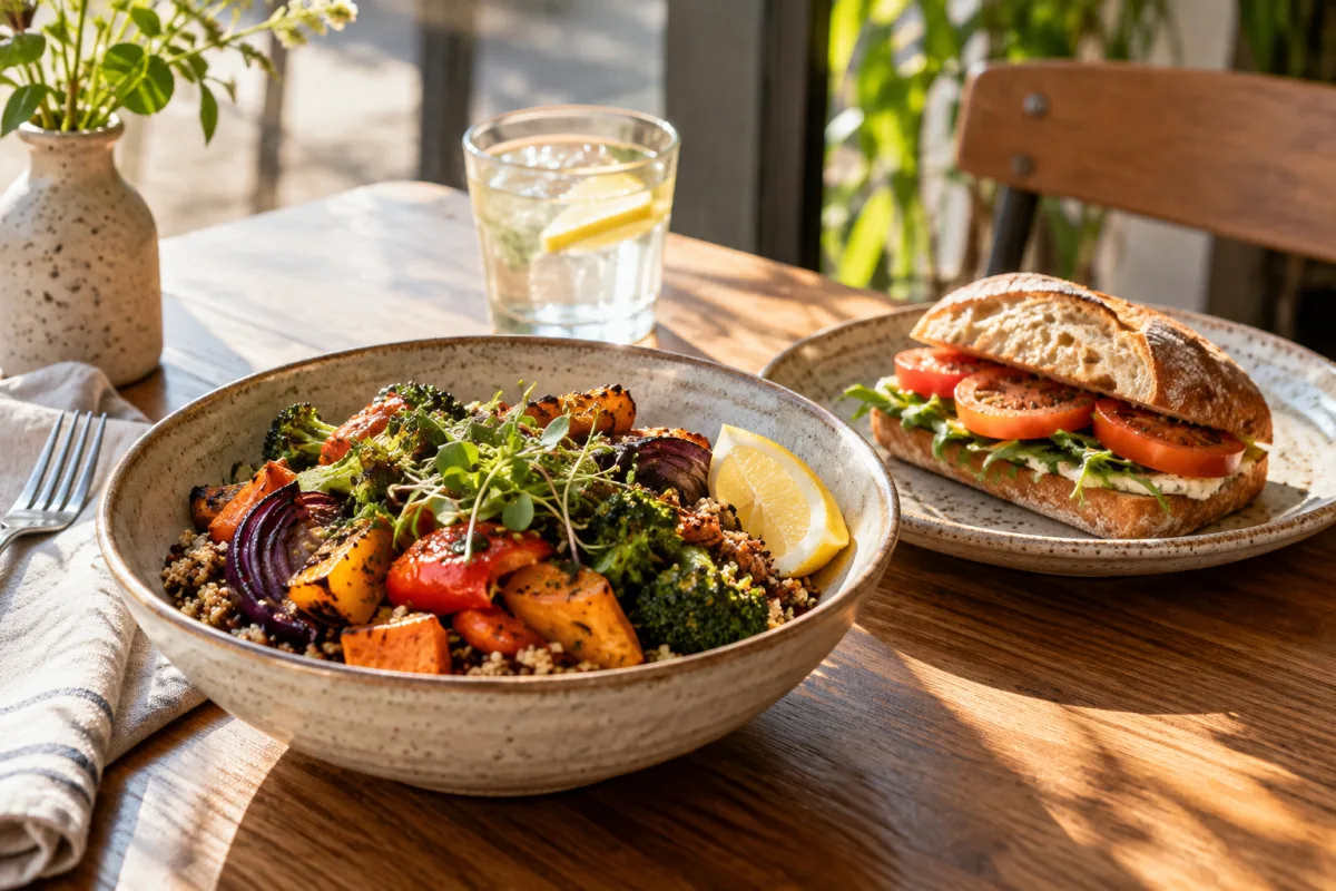 A colorful roasted vegetable grain bowl with a lemon wedge and a small tomato sandwich on handmade ceramic plates at a sunlit neighborhood cafe table — AI-generated fictional concept