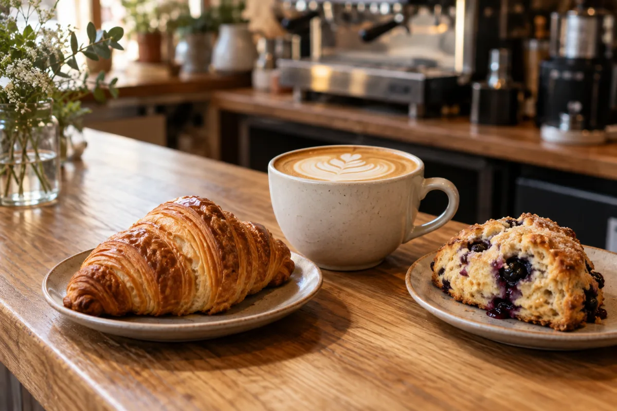 A close editorial cafe still life with a latte in a simple cream ceramic cup, a flaky croissant and a blueberry scone on an oak counter, subtle espresso bar blurred behind — AI-generated fictional concept