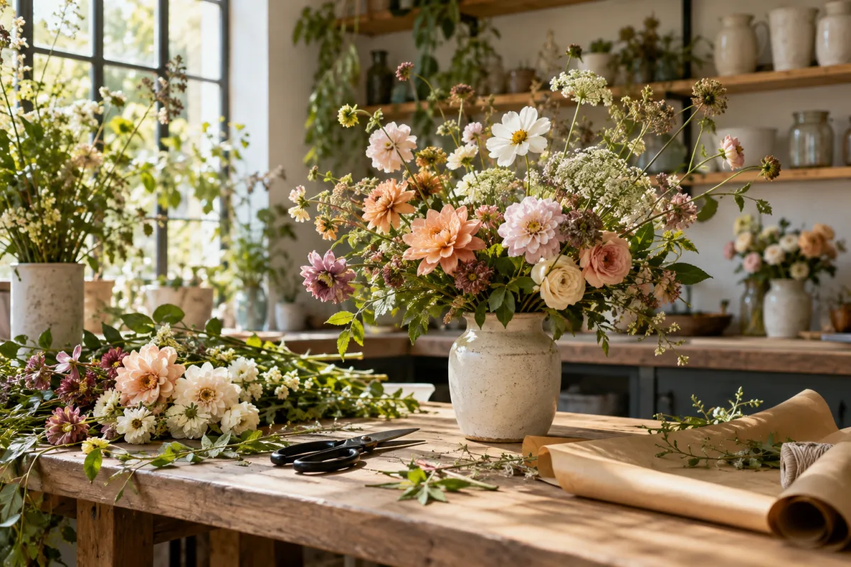 An airy flower-studio workbench with loose seasonal stems, clean snips, plain kraft wrapping and ceramic vases, garden-style arrangement in progress, no florist visible — AI-generated fictional concept