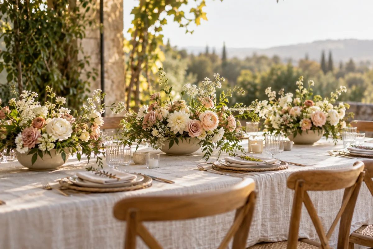 Three low garden-style floral centerpieces in warm ceramic bowls on a long linen table, cream, blush and green tones, soft daylight and generous space for conversation — AI-generated fictional concept