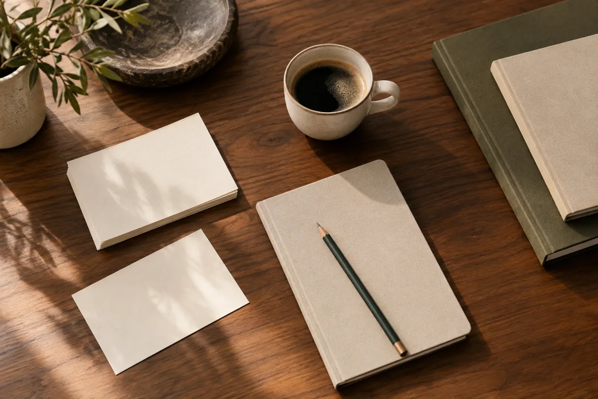 An overhead editorial view of blank cream planning cards, simple unlabelled notebooks, a pencil and a small coffee cup spread thoughtfully across a walnut consulting table; no readable writing — AI-generated fictional concept