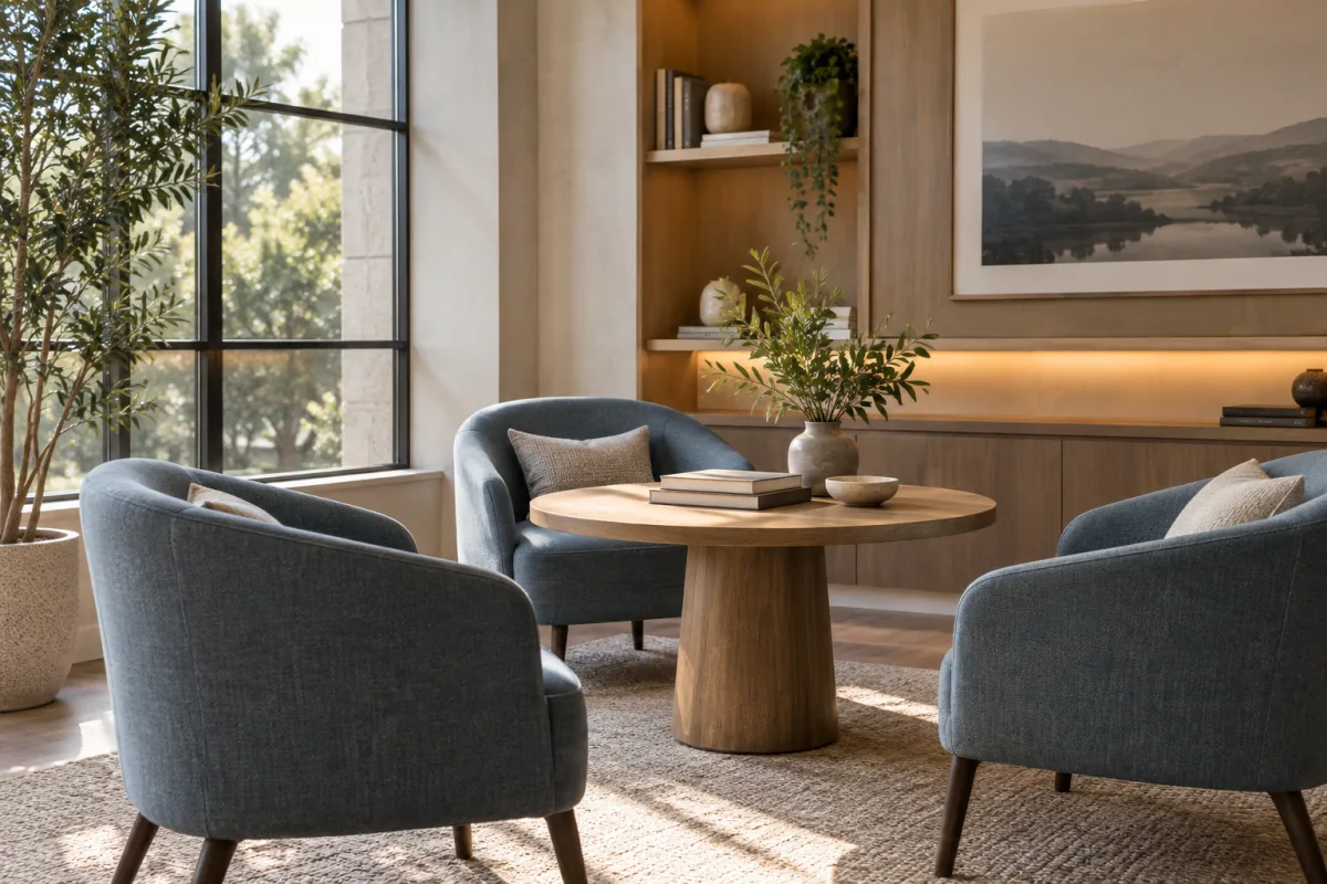 A small private meeting nook with three comfortable muted-blue chairs, a round table and warm natural daylight, calm independent consultancy atmosphere — AI-generated fictional concept