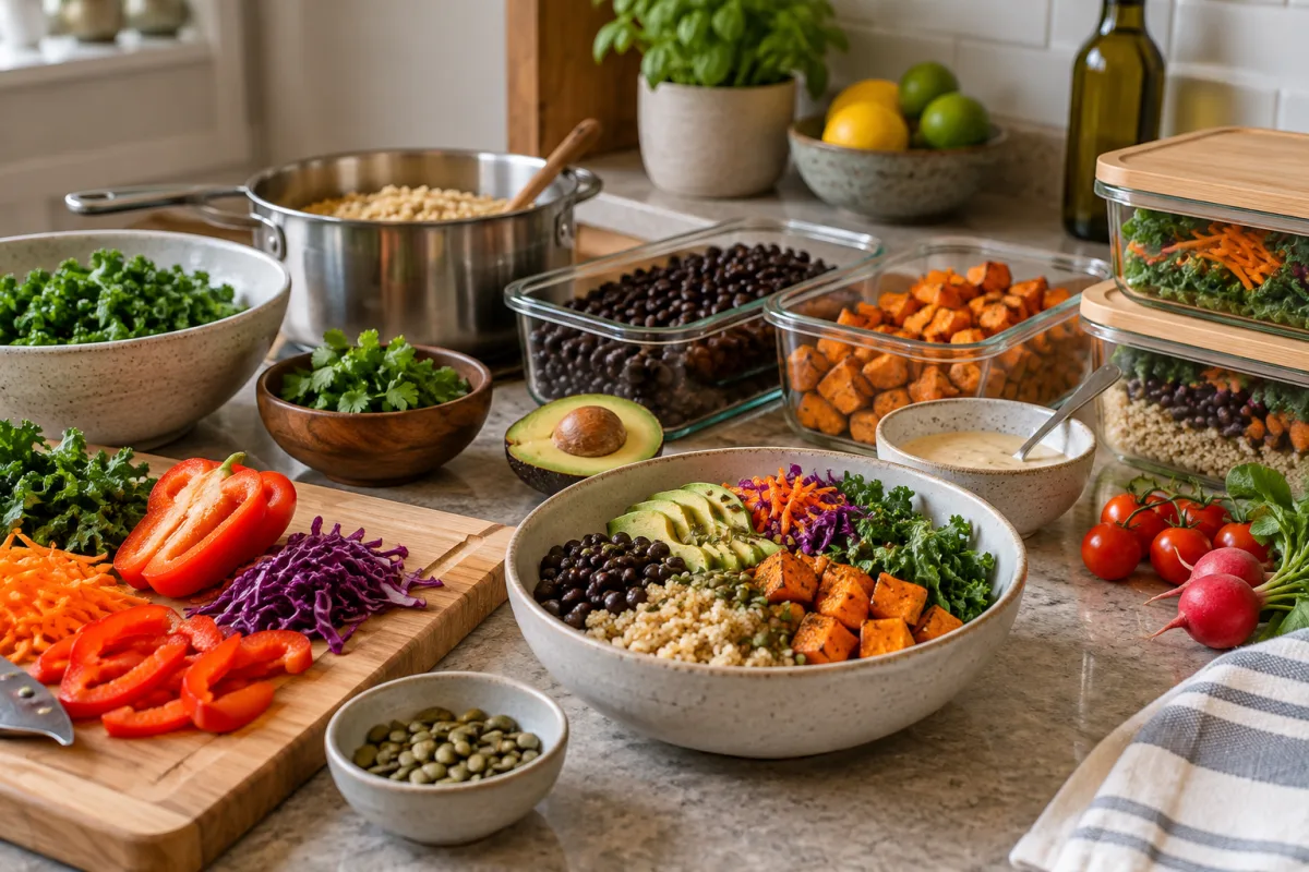 A fresh food-preparation scene with colorful vegetables, cooked grains, beans and reusable containers on a home-style counter, realistic balanced variety, no diet promises or text — AI-generated fictional concept