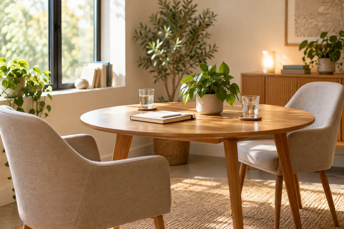 A fictional nutrition-practice consultation table with two chairs, a plain notebook, water glasses and a small plant, warm daylight, no scales, body charts or patient details — AI-generated fictional concept