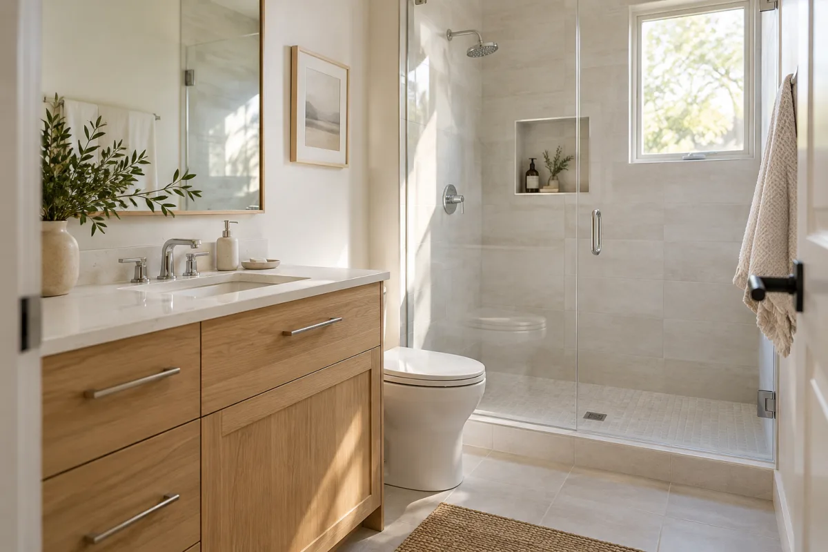 An original fictional renovated compact bathroom with matte light tile, a warm oak vanity, simple chrome fixtures and soft natural light, realistic useful proportions — AI-generated fictional concept