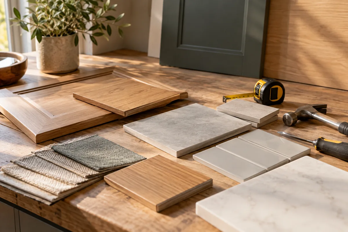 A tidy renovation planning workbench with oak cabinetry samples, matte tile, a tape measure and clean basic hand tools, no drawings with real addresses or people — AI-generated fictional concept