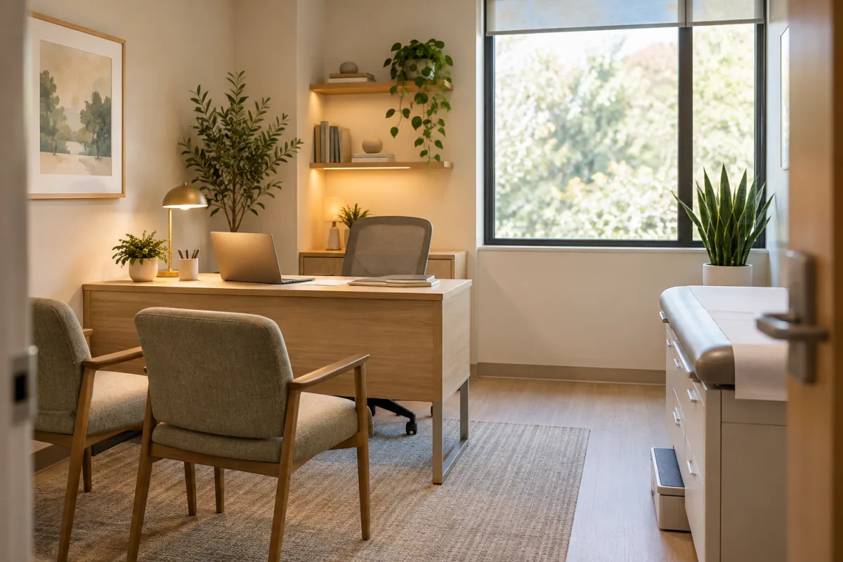 An empty fictional general-practice consultation office with a small desk, two visitor chairs and soft neutral finishes, no patient record, certificates or readable screens — AI-generated fictional concept
