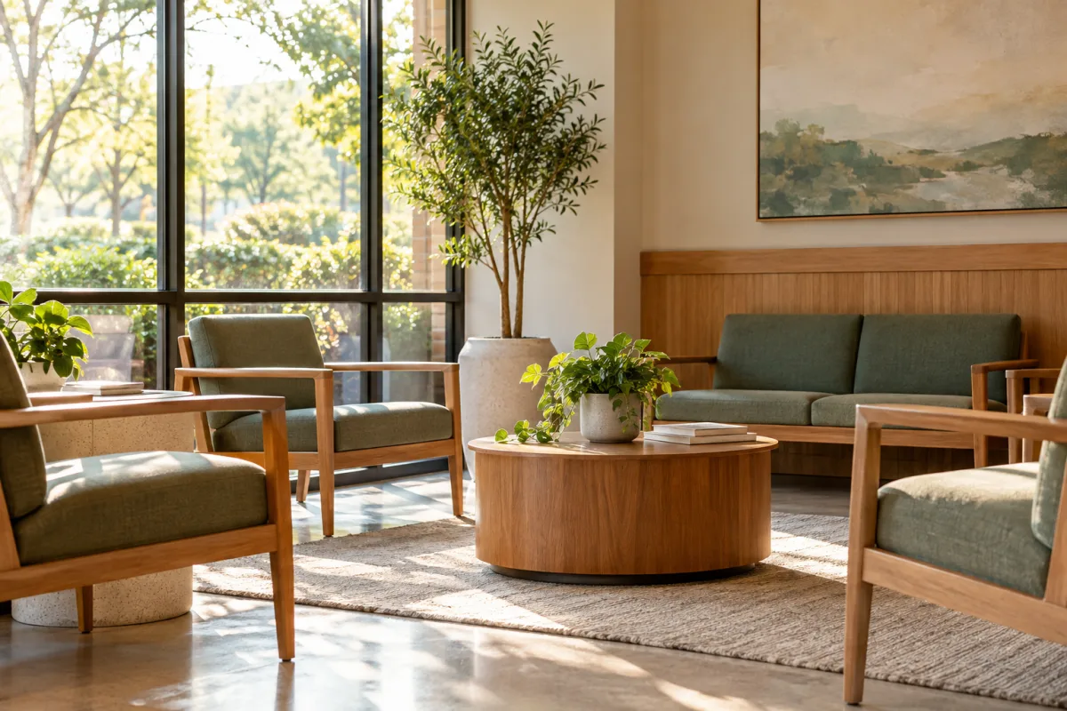 A calm neighborhood clinic waiting nook with warm wood seating, muted green upholstery and large daylight window, an empty practical space, no medical claims or people — AI-generated fictional concept