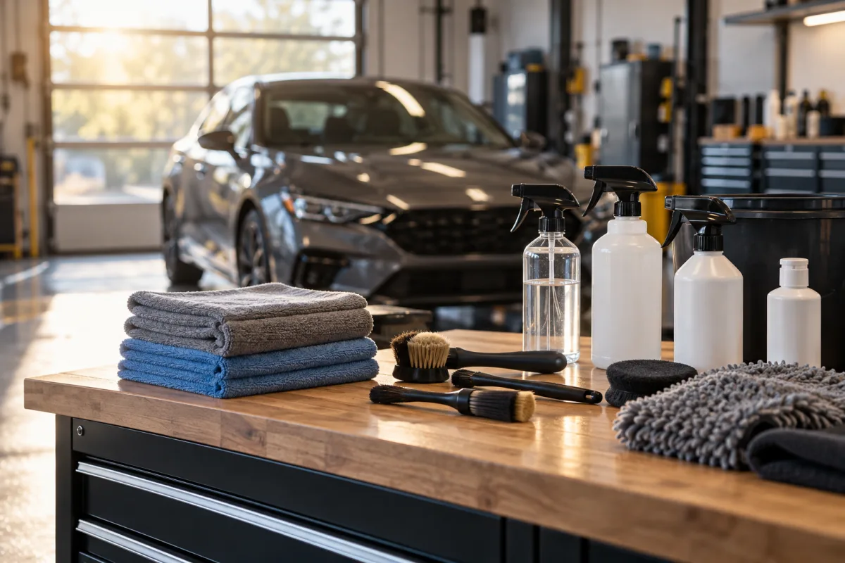 A pristine independent auto-detailing workbench with plain microfiber towels, brushes and unbranded cleaning bottles, a generic car softly blurred in background, no license plate — AI-generated fictional concept
