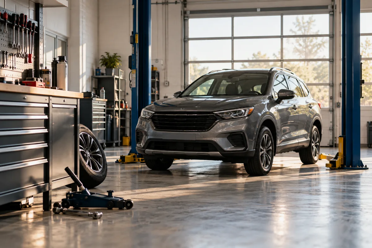 An empty tidy auto workshop bay with a generic unbranded car, clean tool cabinet, wheel and simple maintenance tools in daylight, no badges, plates or performance claims — AI-generated fictional concept