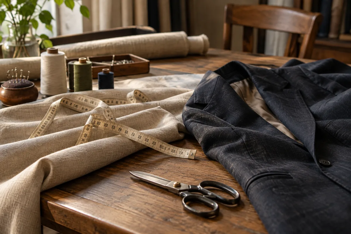A tailoring workbench with linen fabric, a measuring tape, simple shears, thread spools and a gently draped unbranded jacket, tactile textures, no hands or people — AI-generated fictional concept