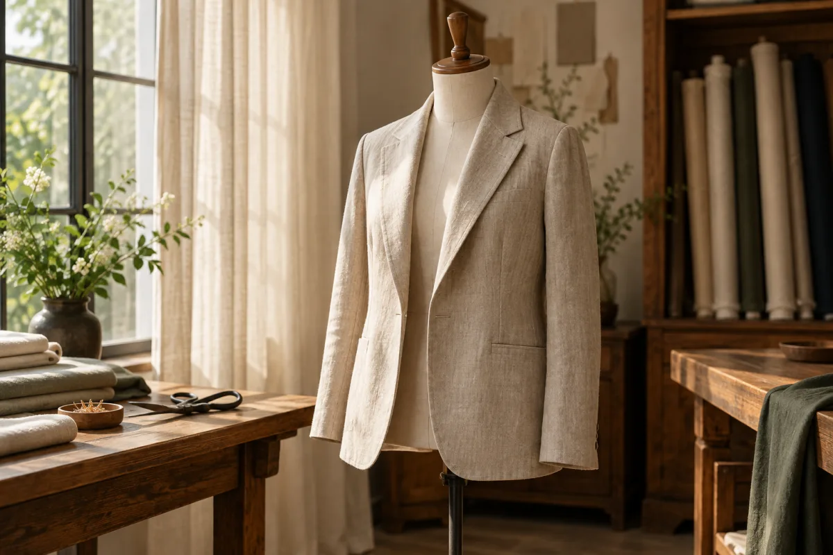 A refined atelier corner with a headless dress form wearing a simple linen jacket, soft curtain, warm wood and daylight, focus on fabric and clean tailoring lines, no logos — AI-generated fictional concept