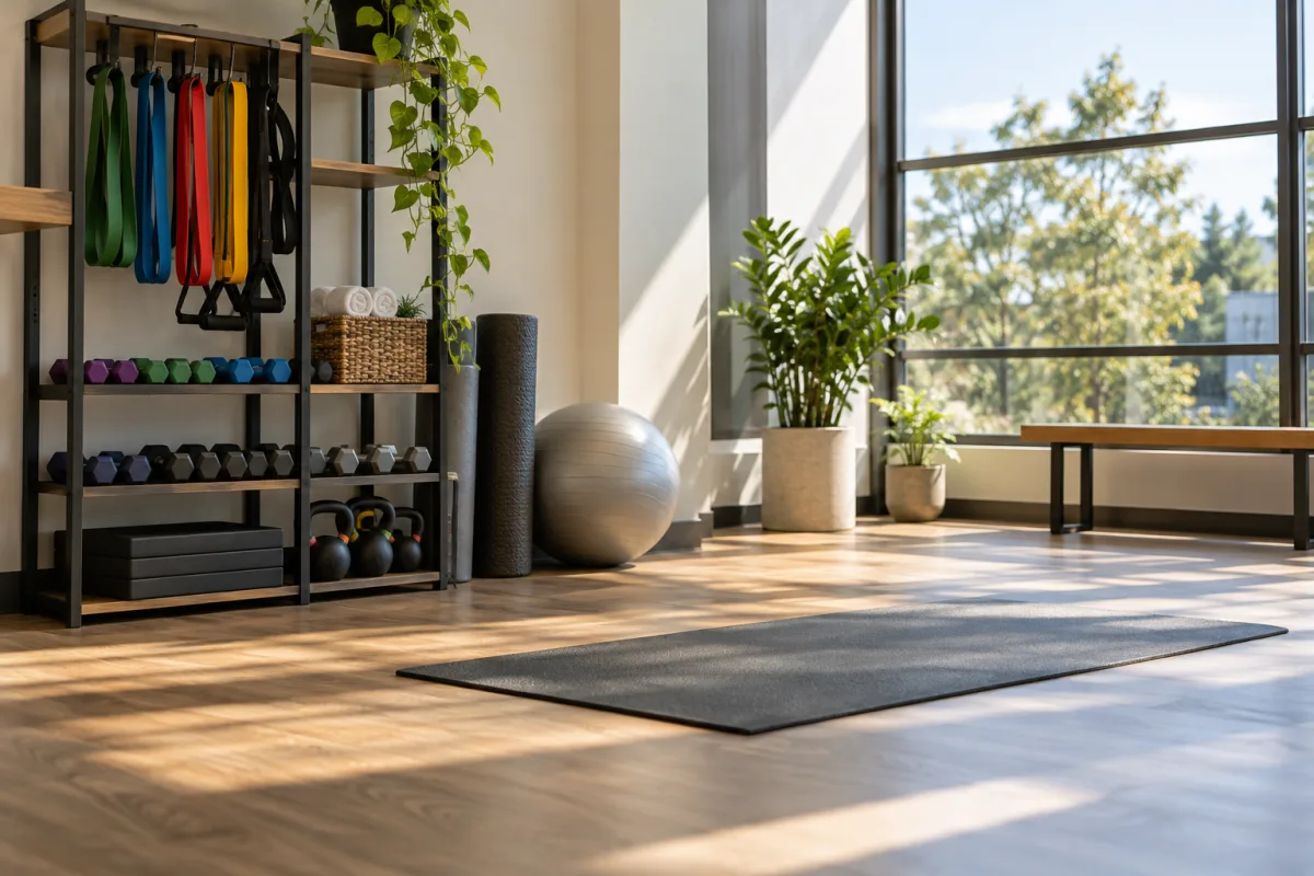 A fictional physical therapy studio corner with neatly stored resistance bands, small dumbbells, an exercise mat and an empty stretching area in generous daylight; no patients — AI-generated fictional concept