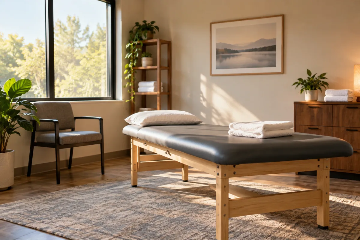 An empty fictional therapy practice room with a simple padded treatment table, a chair, folded towels and warm neutral finish, no procedures or result images — AI-generated fictional concept