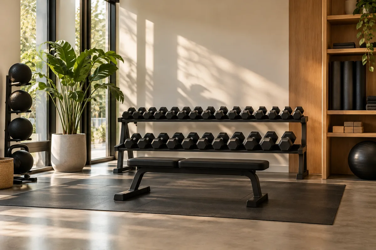 A quiet modern movement studio strength corner with evenly arranged unbranded dumbbells, a bench and soft natural light, realistic scale and uncluttered space, no athletes — AI-generated fictional concept