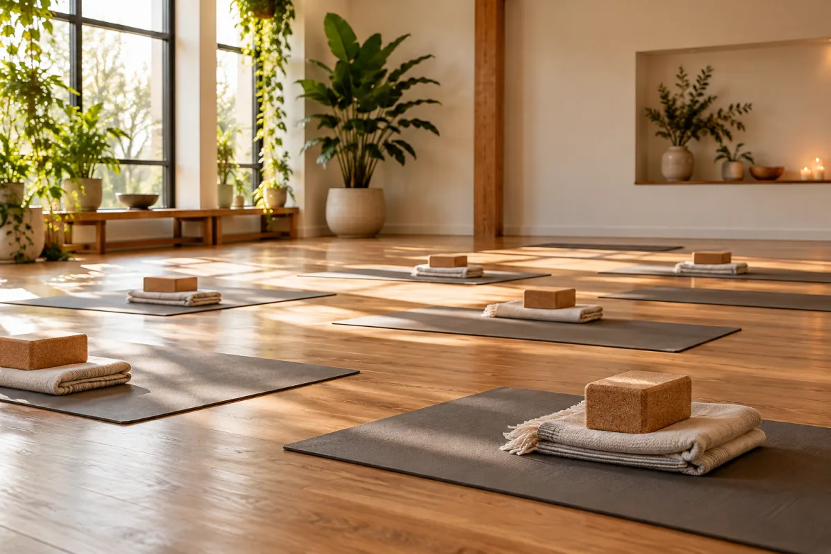 An empty studio with neatly arranged neutral yoga mats, cork blocks and folded blankets, warm wood floor, daylight and gentle plants, no people or transformation claims — AI-generated fictional concept