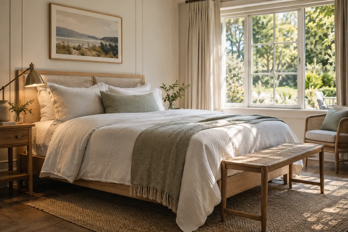 A fictional intimate coastal guesthouse queen bedroom with pale timber furniture, crisp natural linen, a reading lamp and garden-facing window, soft morning light, no logos — AI-generated fictional concept