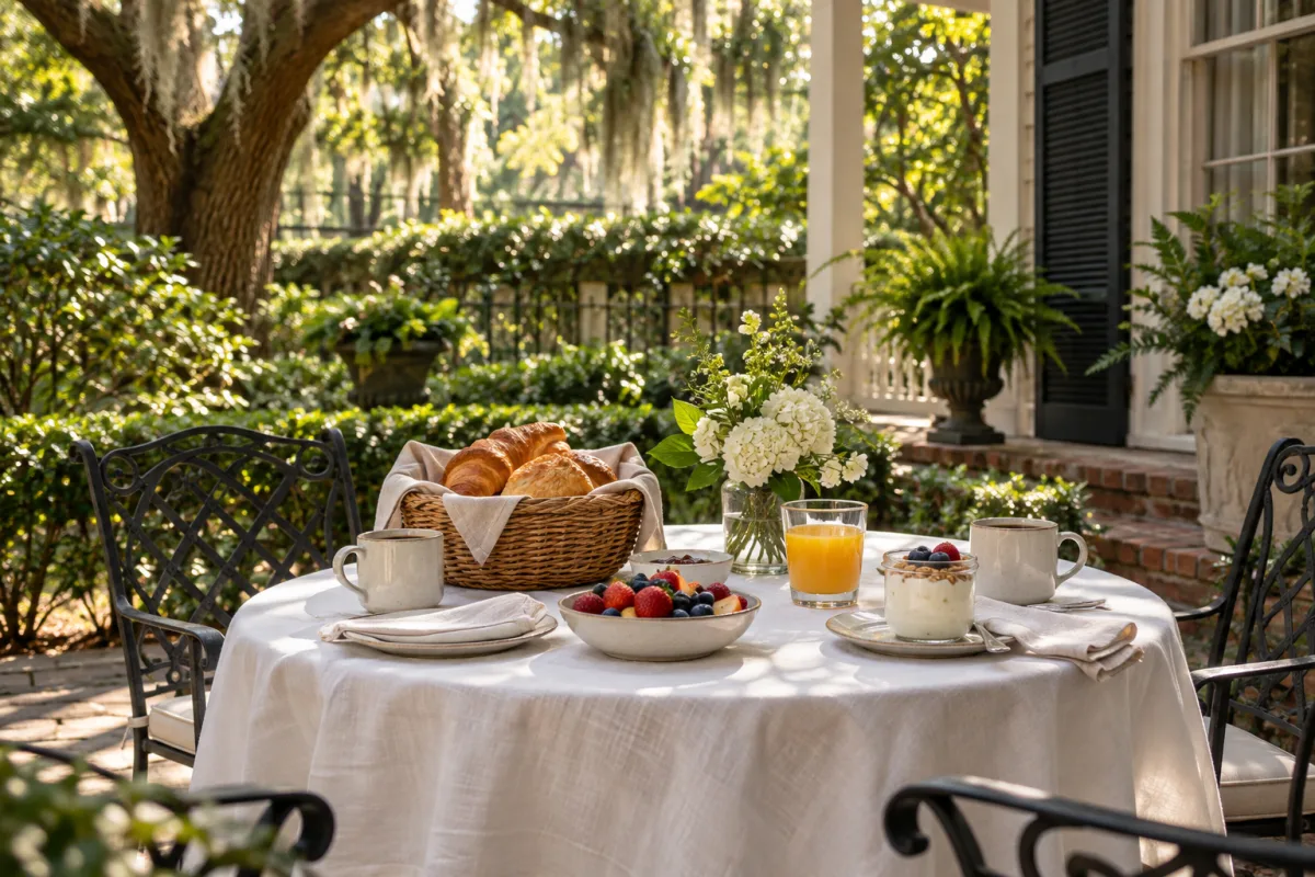 A quiet shaded guesthouse garden table with a simple breakfast basket, fruit, yogurt, coffee and white linen, gentle Savannah morning atmosphere, no guests — AI-generated fictional concept