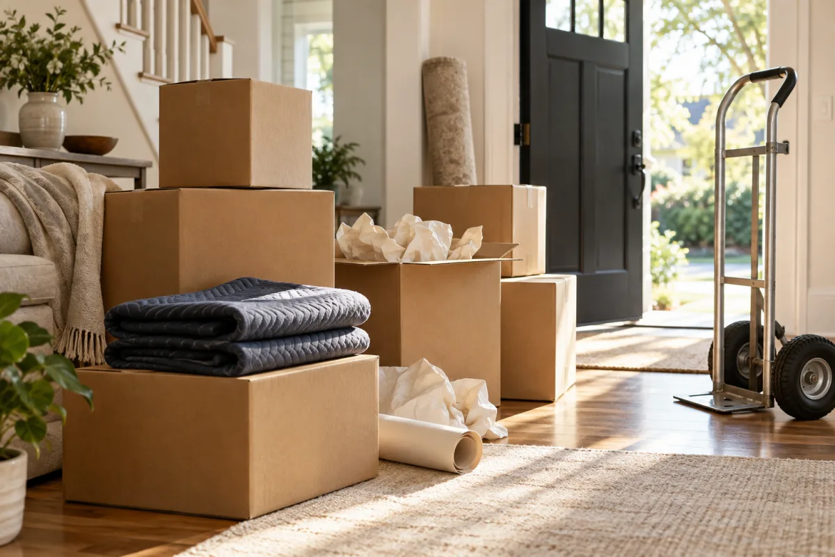 A neat residential moving scene with plain kraft boxes, folded blankets, paper packing material and a hand truck by a bright doorway, no addresses or labels — AI-generated fictional concept