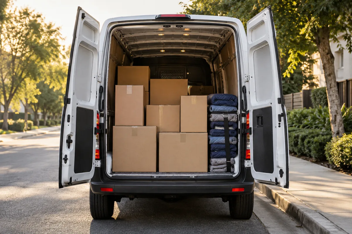 An unbranded clean white cargo van with its open rear showing neatly stacked blank moving boxes secured beside folded blankets, parked on a quiet generic street, no plate visible — AI-generated fictional concept