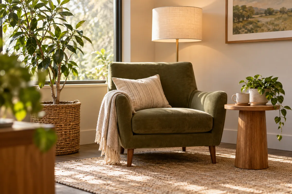 A peaceful fictional psychology practice waiting nook with a single comfortable olive chair, a side table, a plant and warm diffused daylight, no people or readable books — AI-generated fictional concept