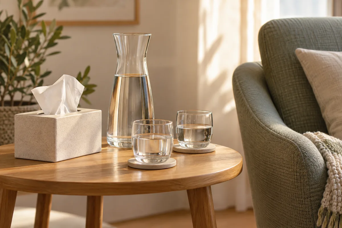 A close editorial still life of a simple tissue box, a water carafe and two glasses on an oak side table beside an upholstered consultation chair, soft natural light — AI-generated fictional concept